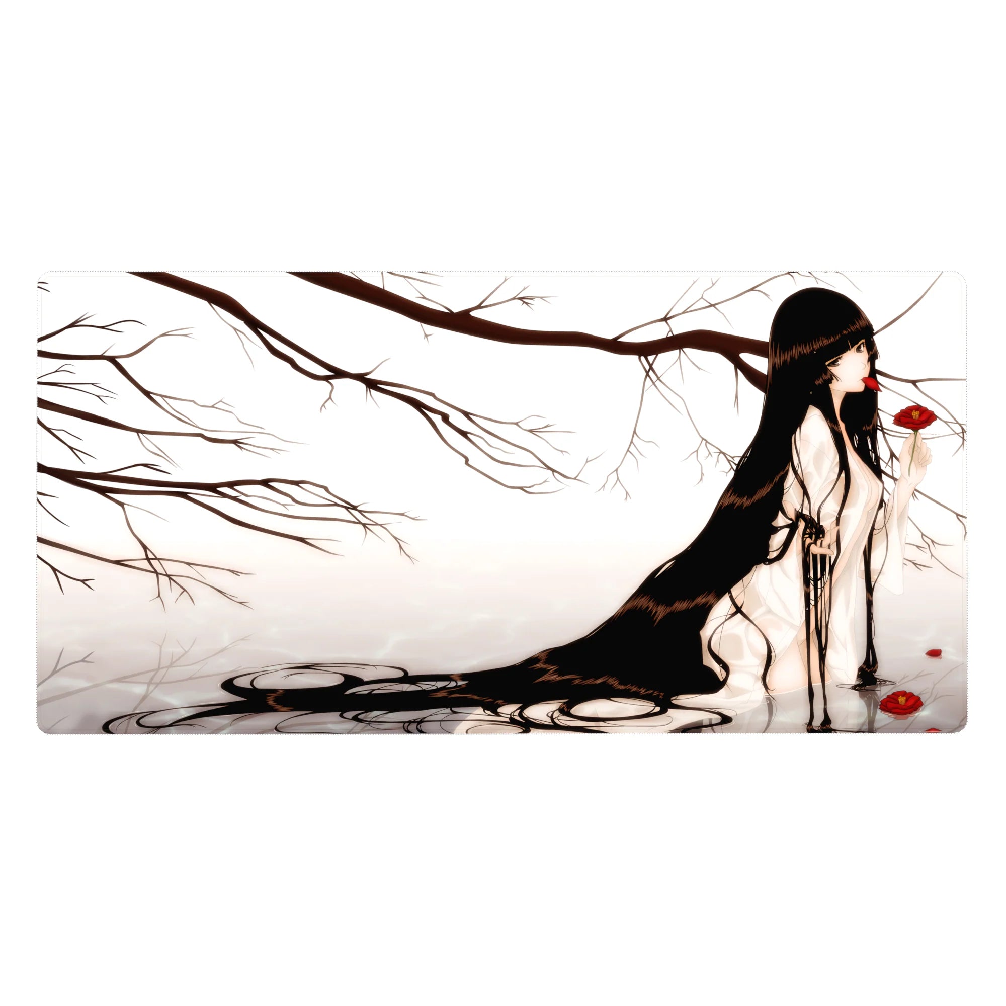 Anime girl desk pad 40x20 inches with misty branches, long raven hair, and red flower accents.