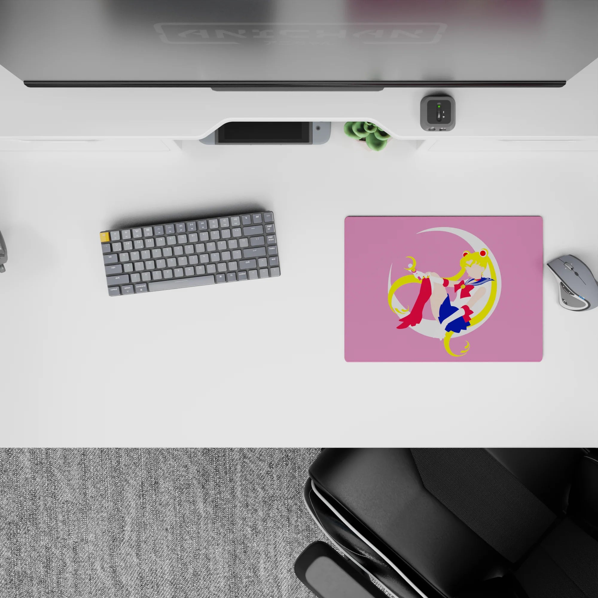 Dreamy pink anime mouse pad 14x10 inches with blonde twin tails, red boots, and clean cute vibe.