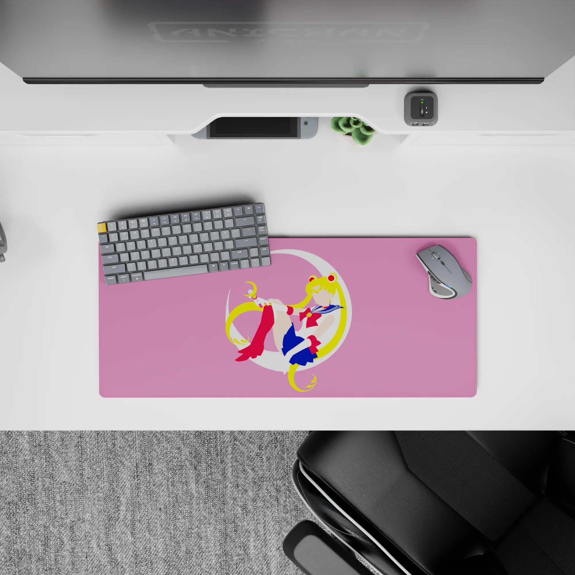 28x12 inches pink background anime mouse pad, dreamy clean vibe with blonde twin tails and red boots.