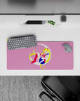 28x12 inches pink background anime mouse pad, dreamy clean vibe with blonde twin tails and red boots.