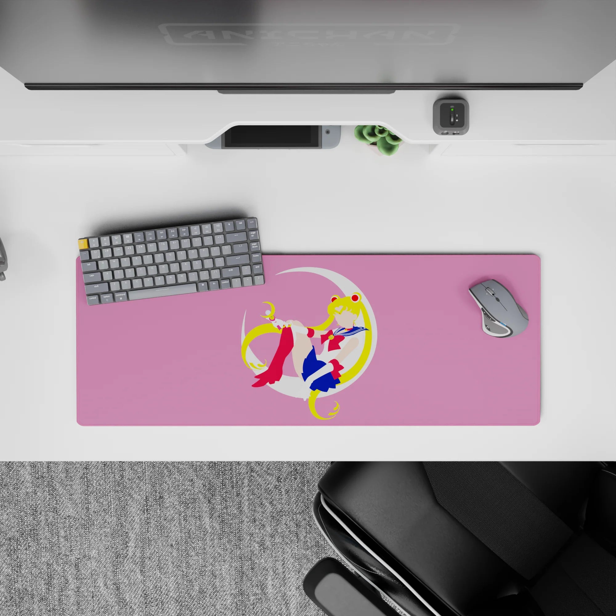 32x12 inches pastel pink anime desk mouse pad with dreamy vibes, blonde twin tails and bold red boot accents.