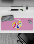 32x12 inches pastel pink anime desk mouse pad with dreamy vibes, blonde twin tails and bold red boot accents.