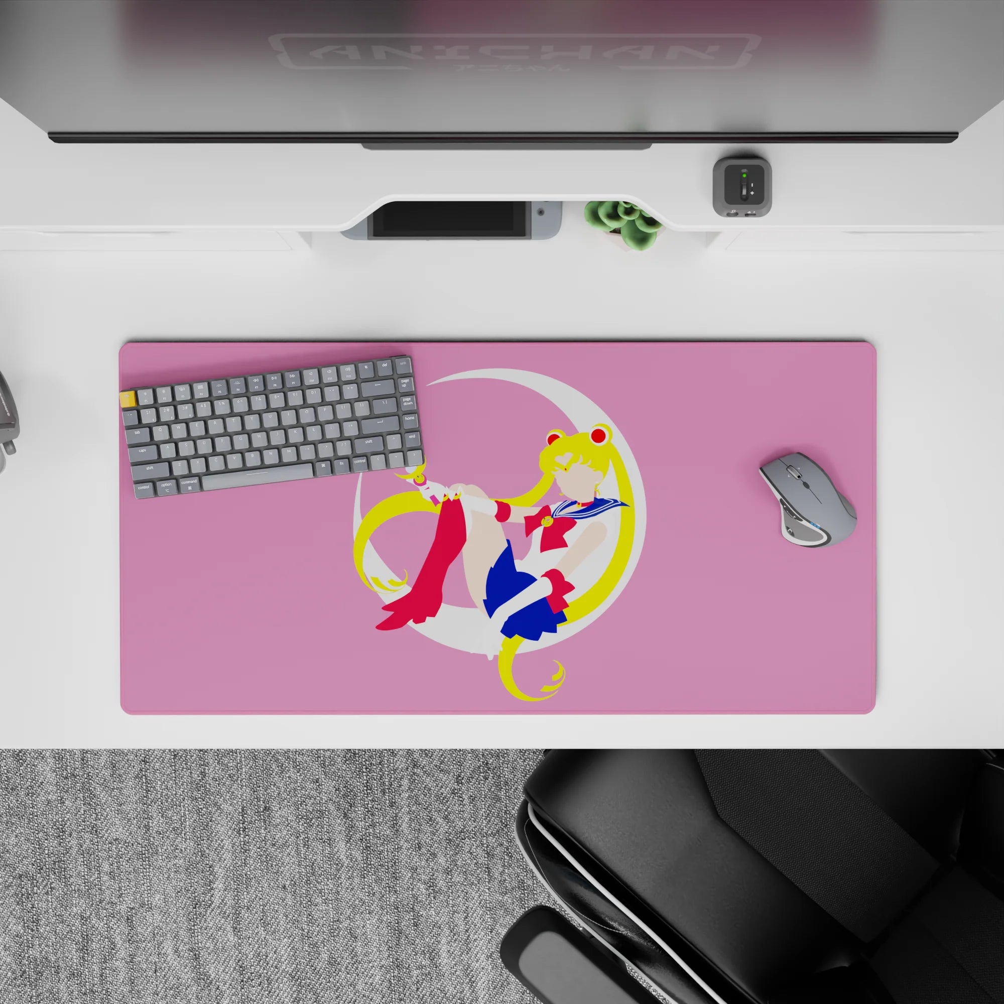 Cute pink anime girl mouse pad 32x16 inches with dreamy pastel vibe, blonde twin tails, red boots.