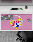 Cute pink anime girl mouse pad 32x16 inches with dreamy pastel vibe, blonde twin tails, red boots.