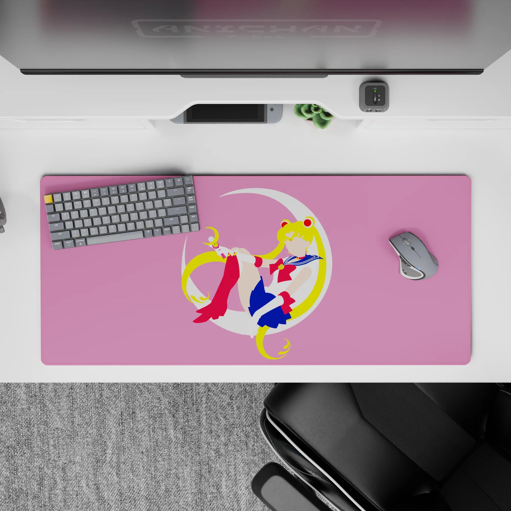 36x16 inches desk pad in soft pink with blonde twin tails, clean sailor style, cute dreamy vibe.