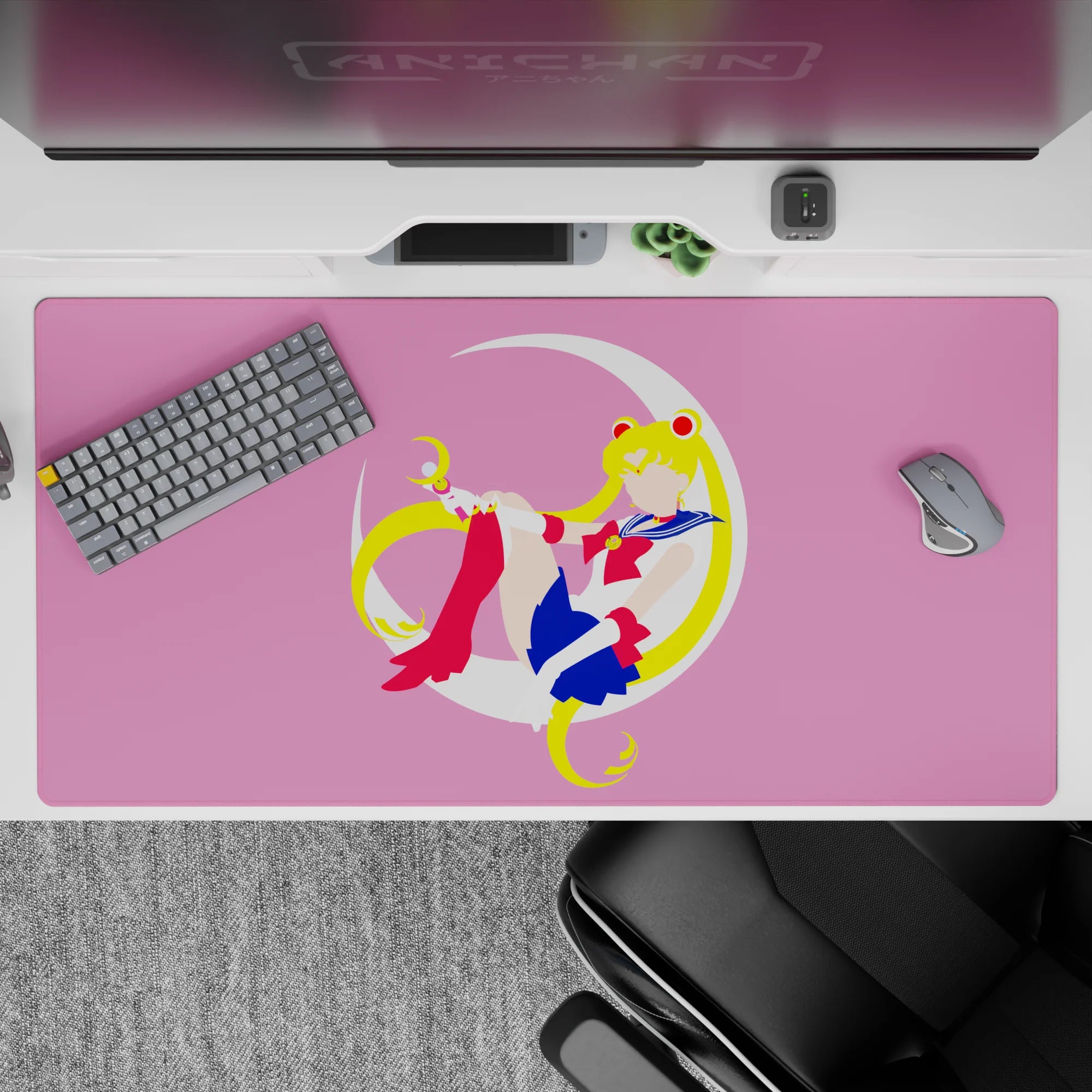40x20 inches desk pad in soft pink with blonde twin tails, navy skirt, red boots, dreamy vibe.