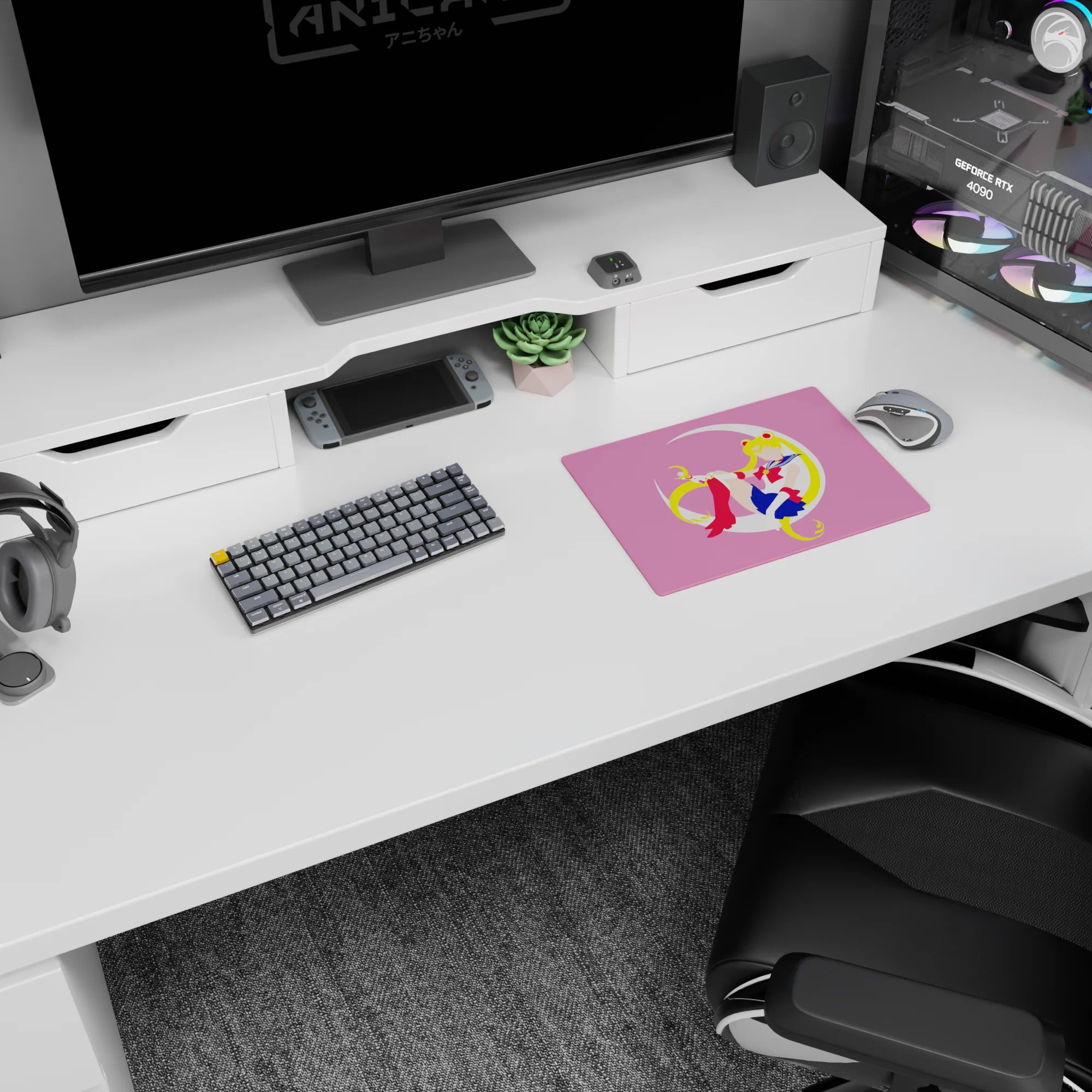 Sailor Moon lounging on a crisp crescent moon on a 14x10 inches mouse pad, perfect for desk setup.