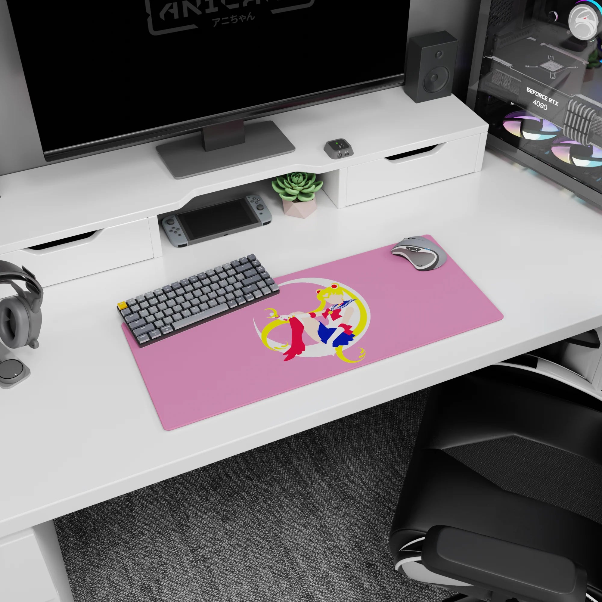 28x12 inches Sailor Moon mouse pad, she lounges on a white crescent with bow, gloves, and navy skirt.