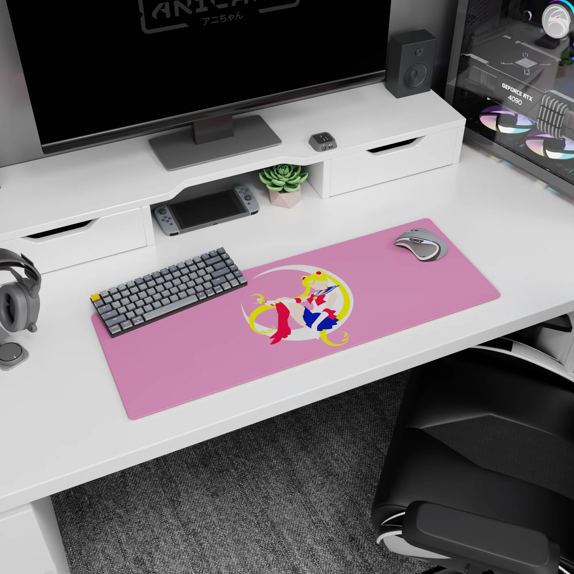 32x12 inches Sailor Moon mouse pad, lounging on a white crescent moon with sailor bow, gloves, and navy skirt.