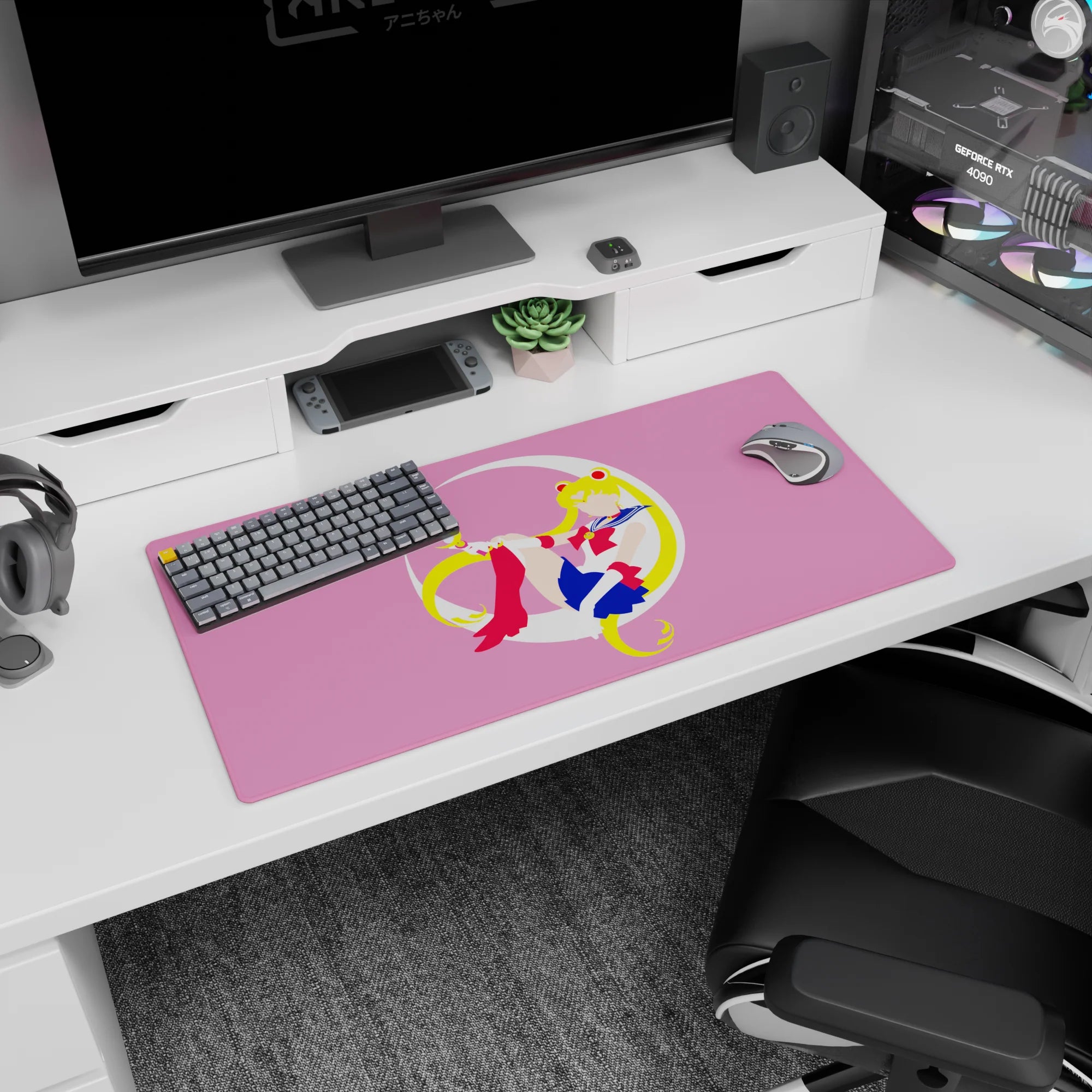 Sailor Moon anime girl mouse pad 32x16 inches showing her relaxing on a crisp white crescent moon.