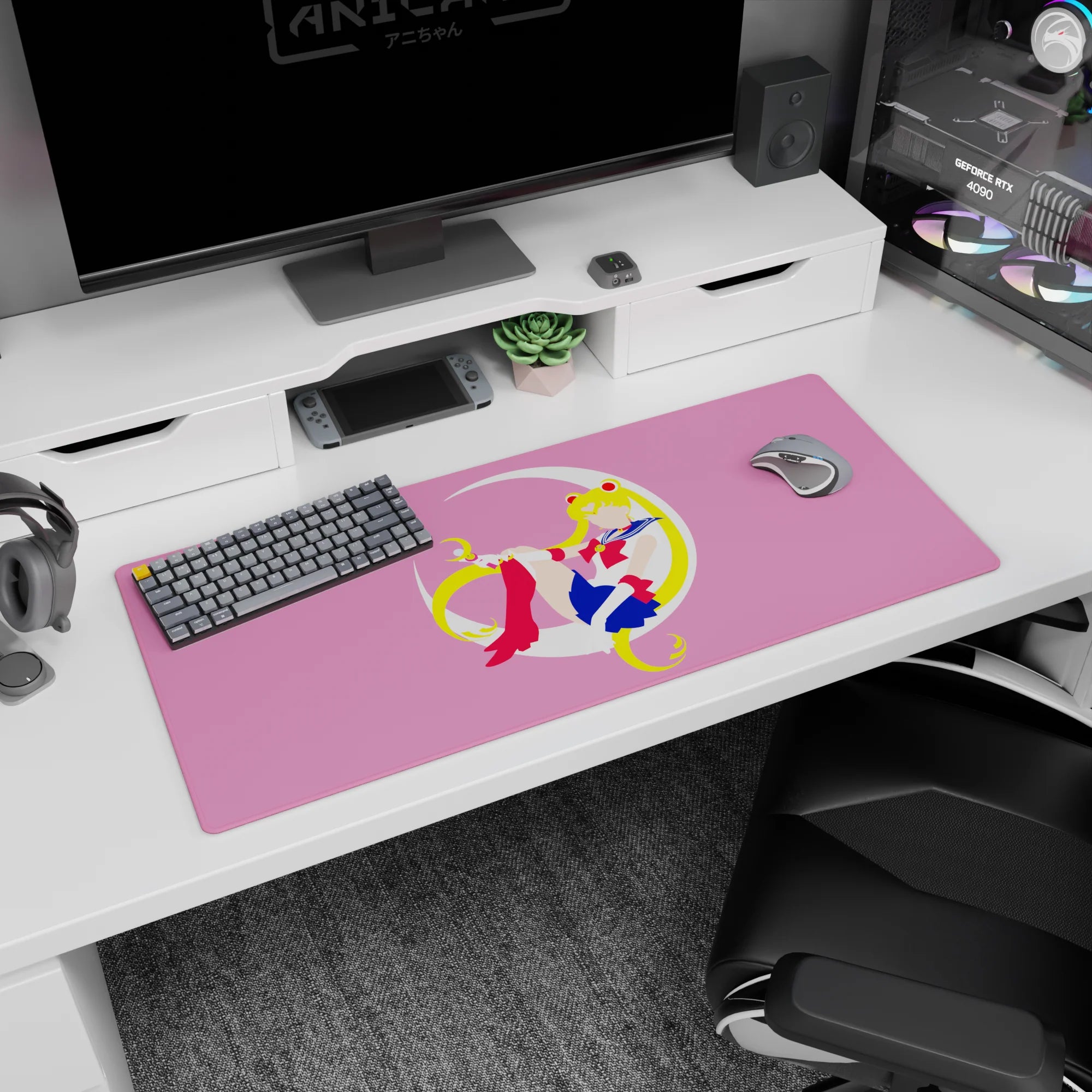 36x16 inches anime desk pad showing Sailor Moon lounging on a crisp white crescent moon on pink.