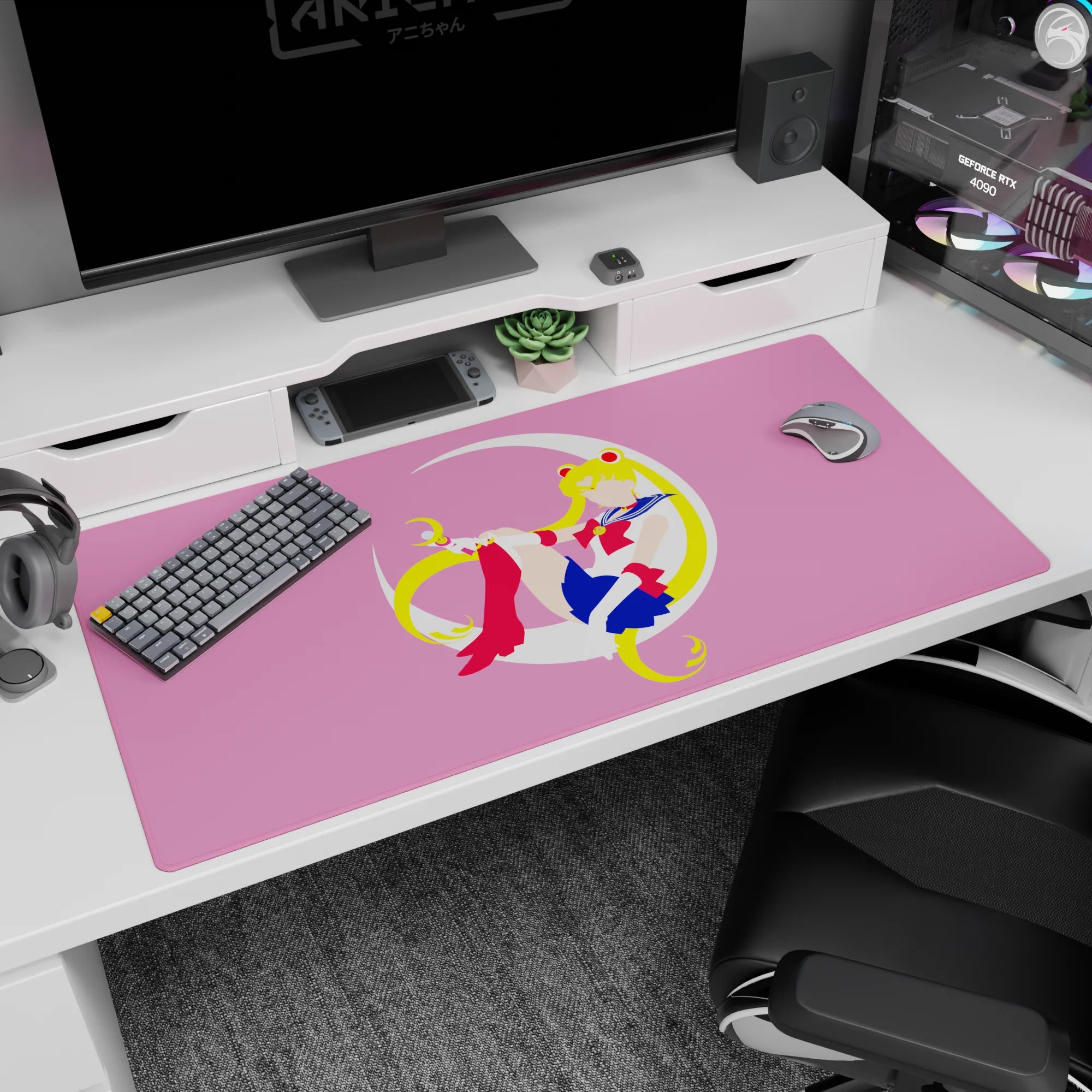 40x20 inches Sailor Moon desk pad showing her lounging on a crescent moon, ribbons hair and bow.