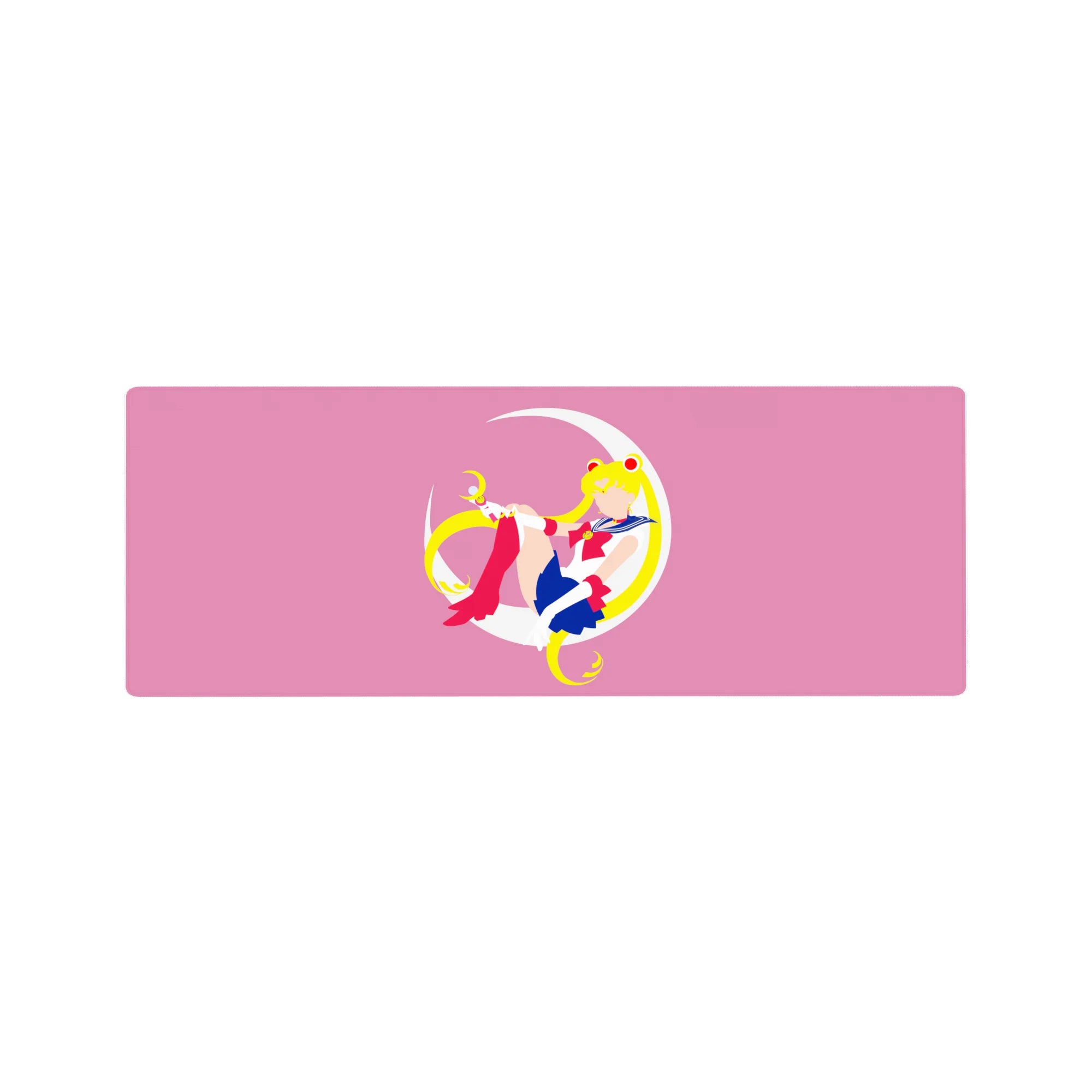32x12 inches anime girl mouse pad with Sailor Moon on a white crescent moon, clean kawaii desk mat.