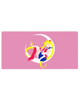 Anime girl mouse pad 32x16 inches featuring a sailor-style heroine lounging on a white crescent moon.