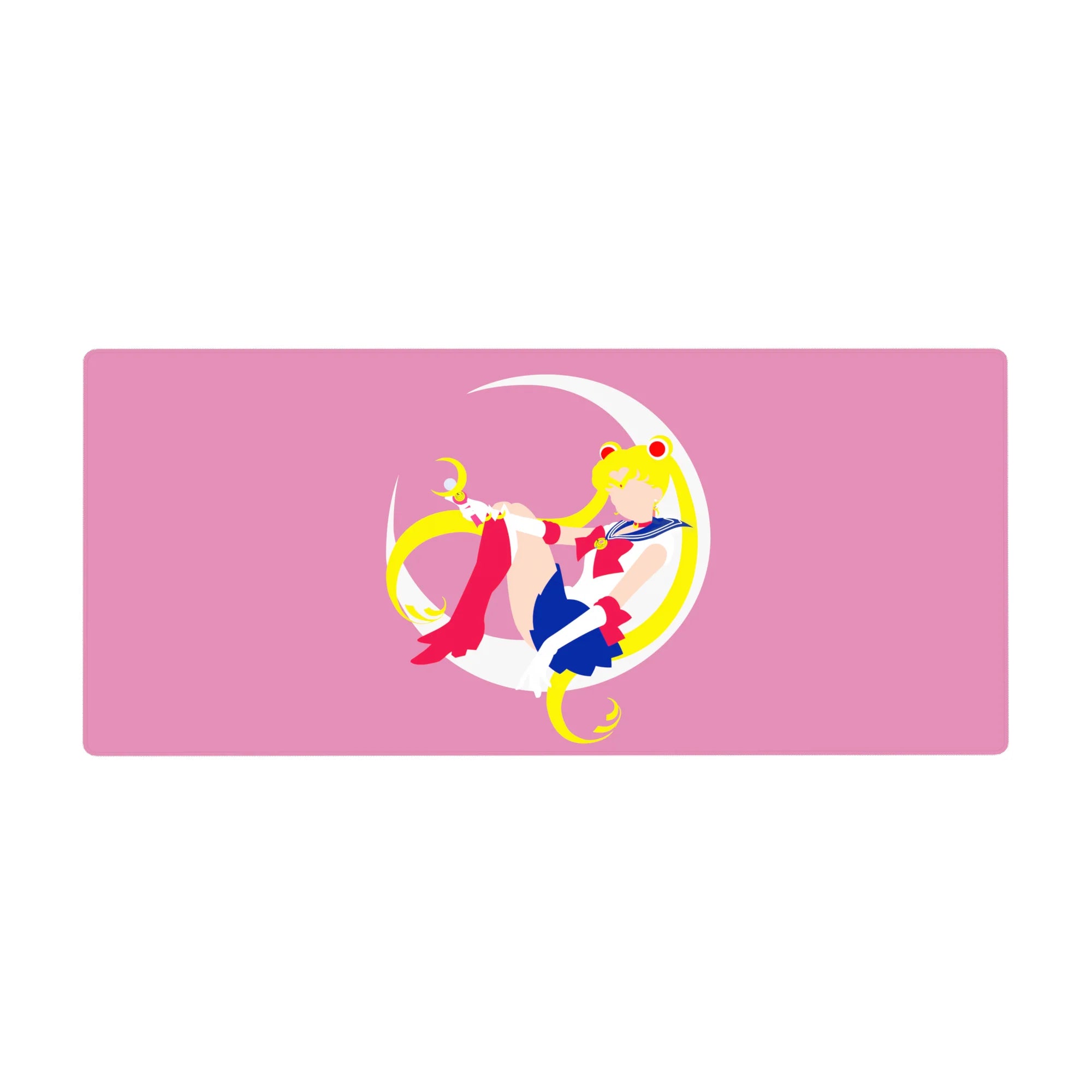 36x16 inches anime girl desk pad with Sailor Moon on a white crescent, bow, skirt, gloves, red boots.