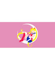 36x16 inches anime girl desk pad with Sailor Moon on a white crescent, bow, skirt, gloves, red boots.