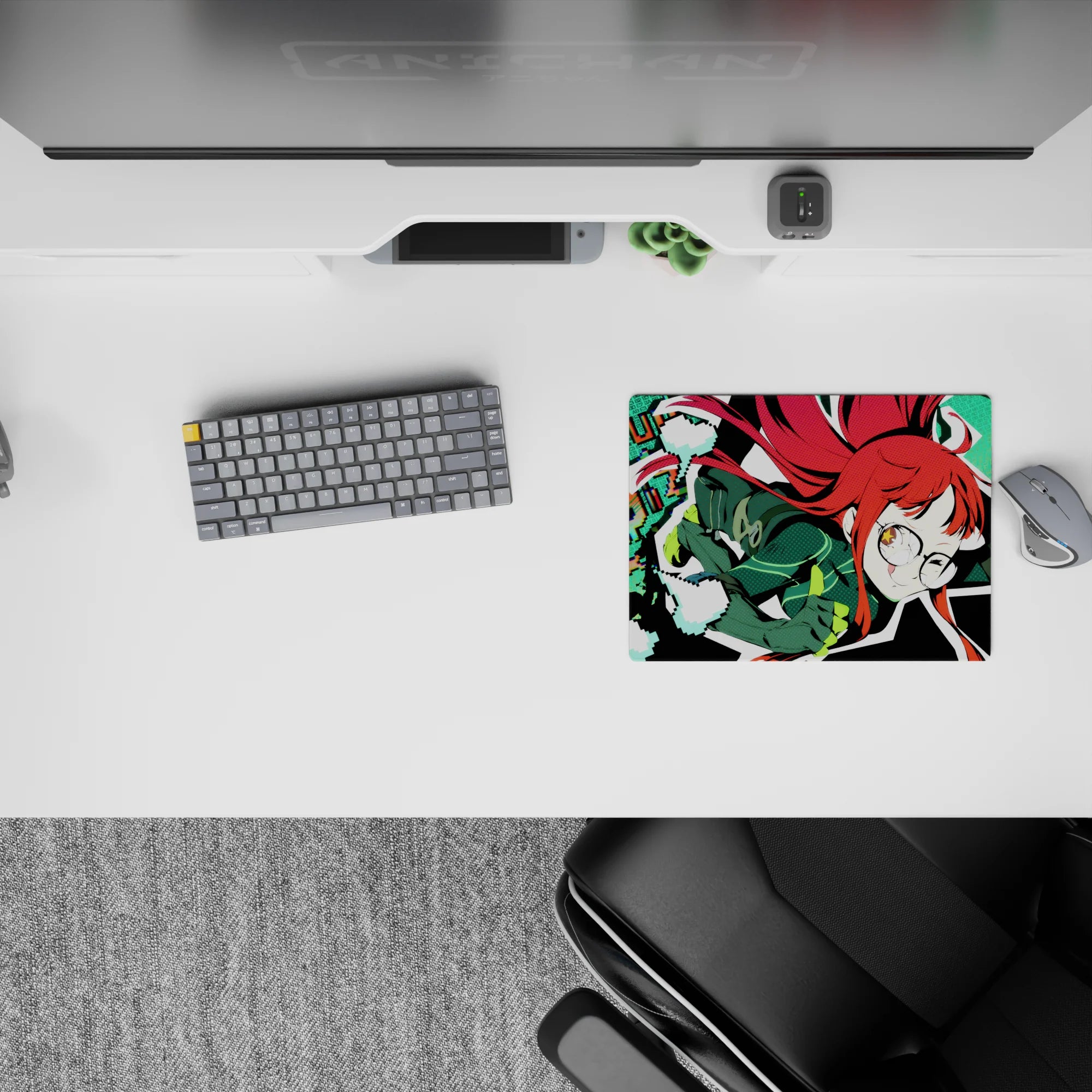 Neon teal pixel vibe anime girl mouse pad 14x10 inches, cute red hair pop and nerdy gaming mood.