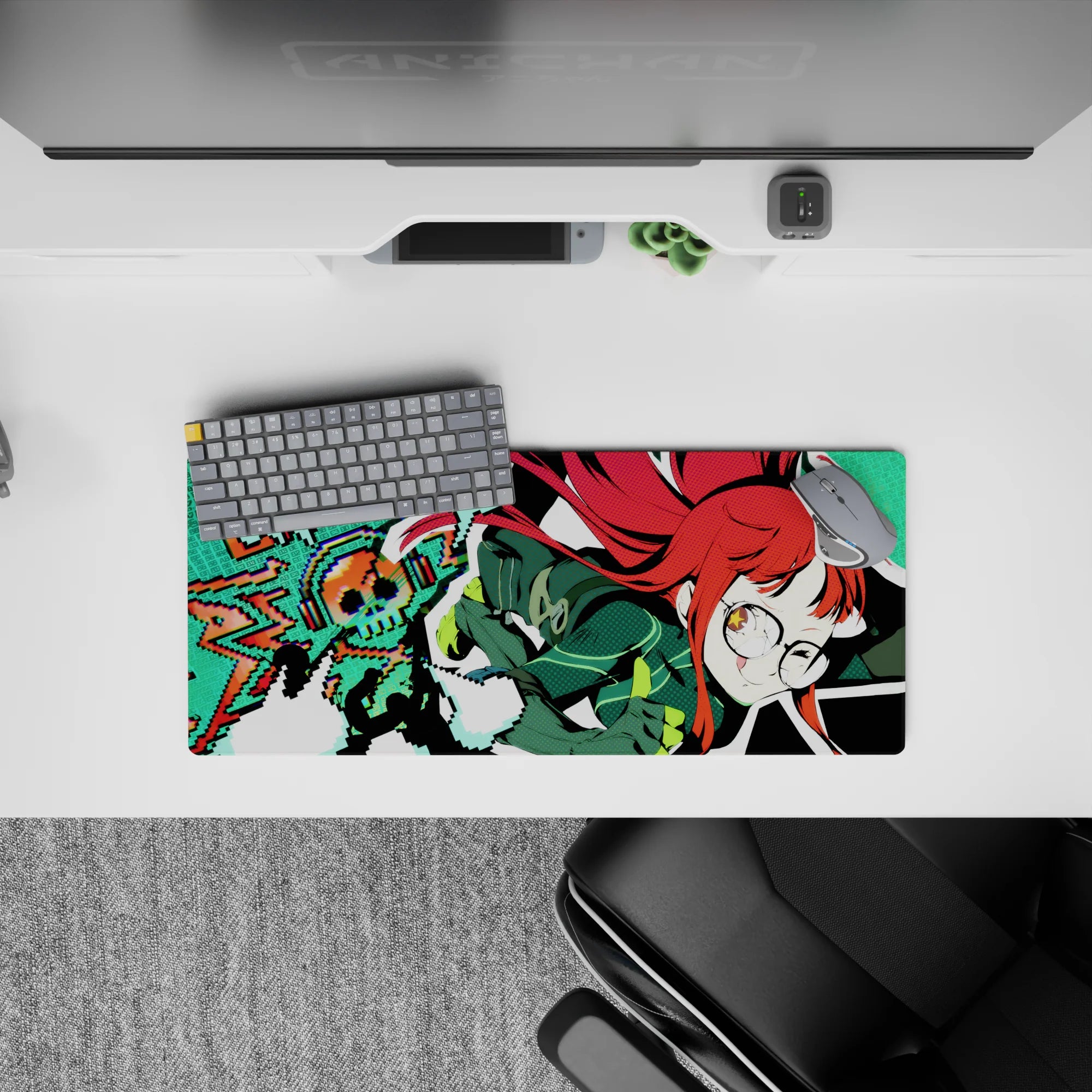 Neon teal pixel vibe anime girl mouse pad 28x12 inches, playful nerdy mood with red hair and starry eye.