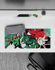 Neon teal pixel vibe anime girl mouse pad 28x12 inches, playful nerdy mood with red hair and starry eye.