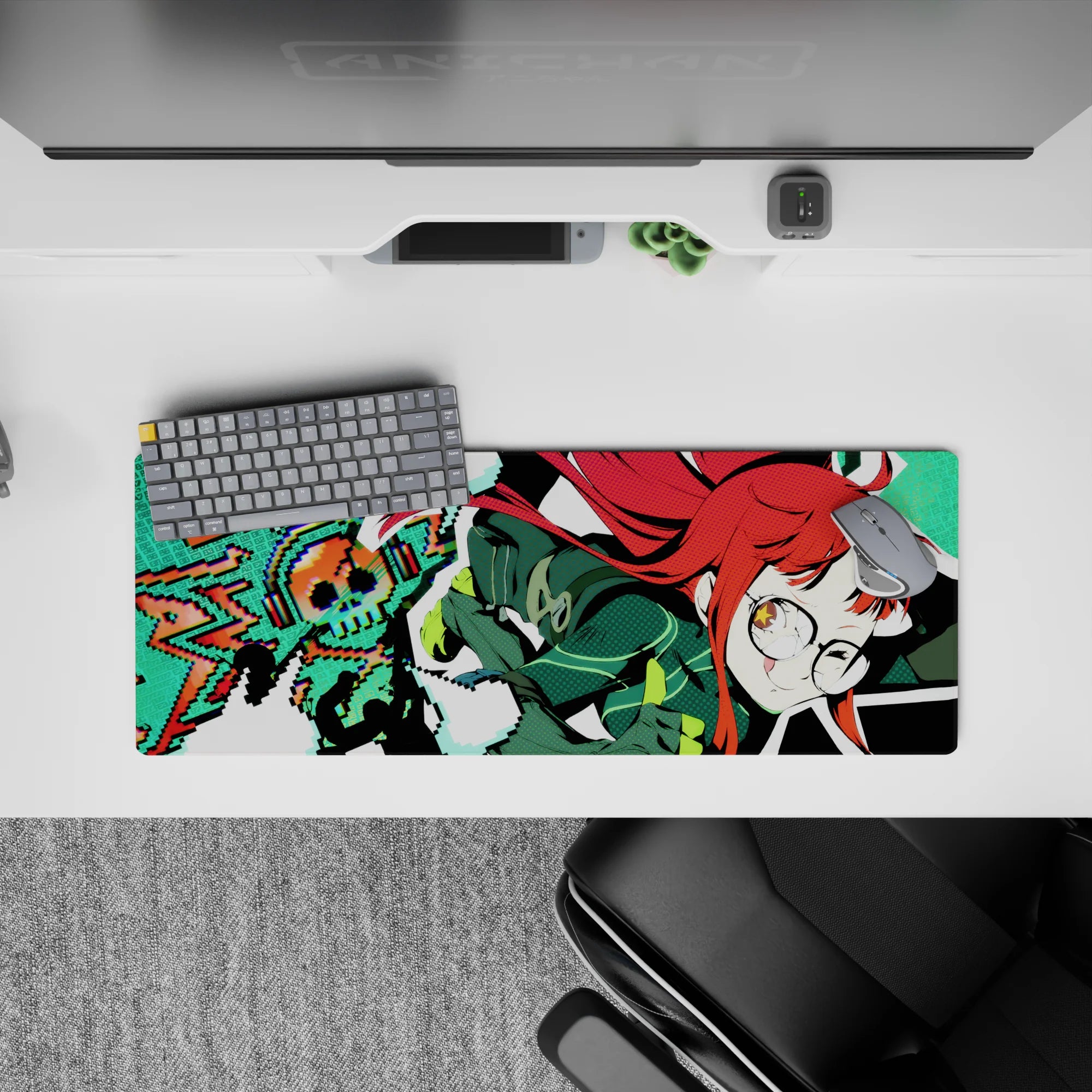 32x12 inches neon teal pixel mouse pad with red hair accents, playful nerdy mood, smooth tracking.