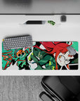 32x12 inches neon teal pixel mouse pad with red hair accents, playful nerdy mood, smooth tracking.