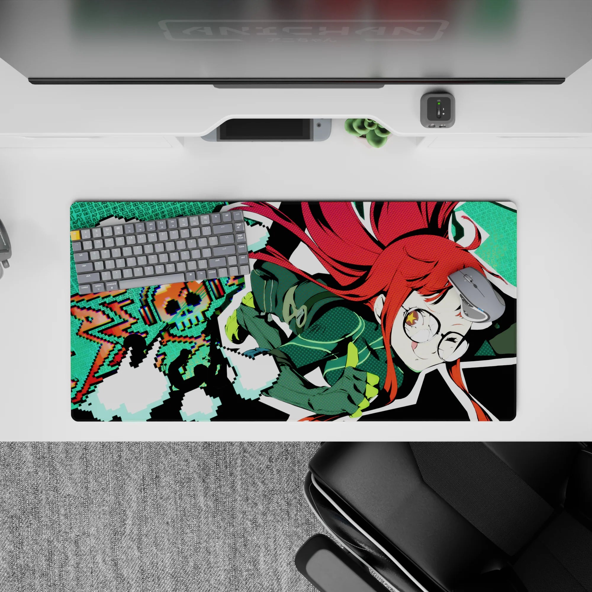 Neon teal pixel vibe anime girl mouse pad 32x16 inches, playful nerdy look with bold red hair pop.