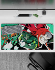 Neon teal pixel vibe anime girl mouse pad 32x16 inches, playful nerdy look with bold red hair pop.