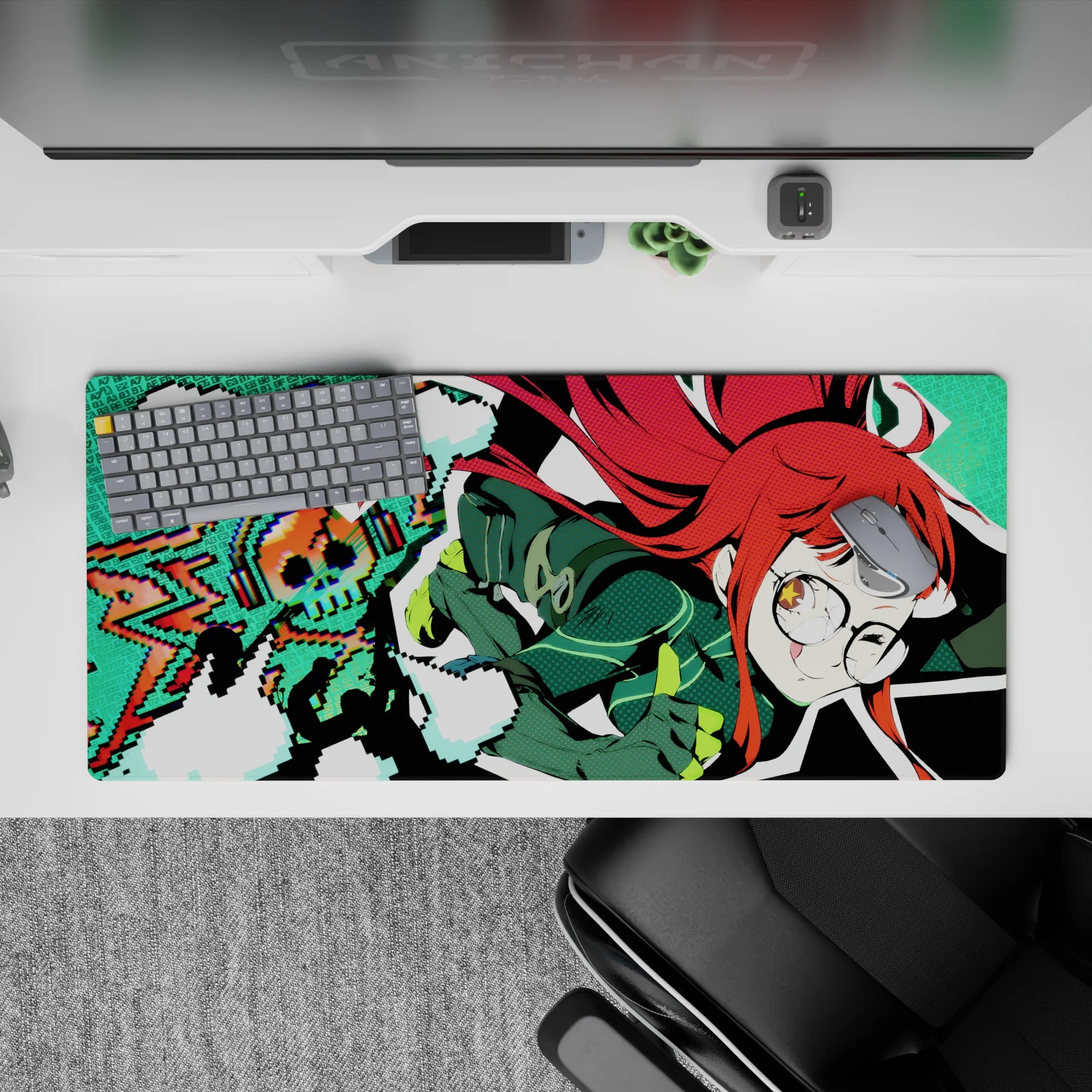 36x16 inches desk pad in neon teal pixels with red hair pop, cute nerdy energy for gaming and work.
