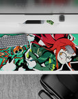 36x16 inches desk pad in neon teal pixels with red hair pop, cute nerdy energy for gaming and work.