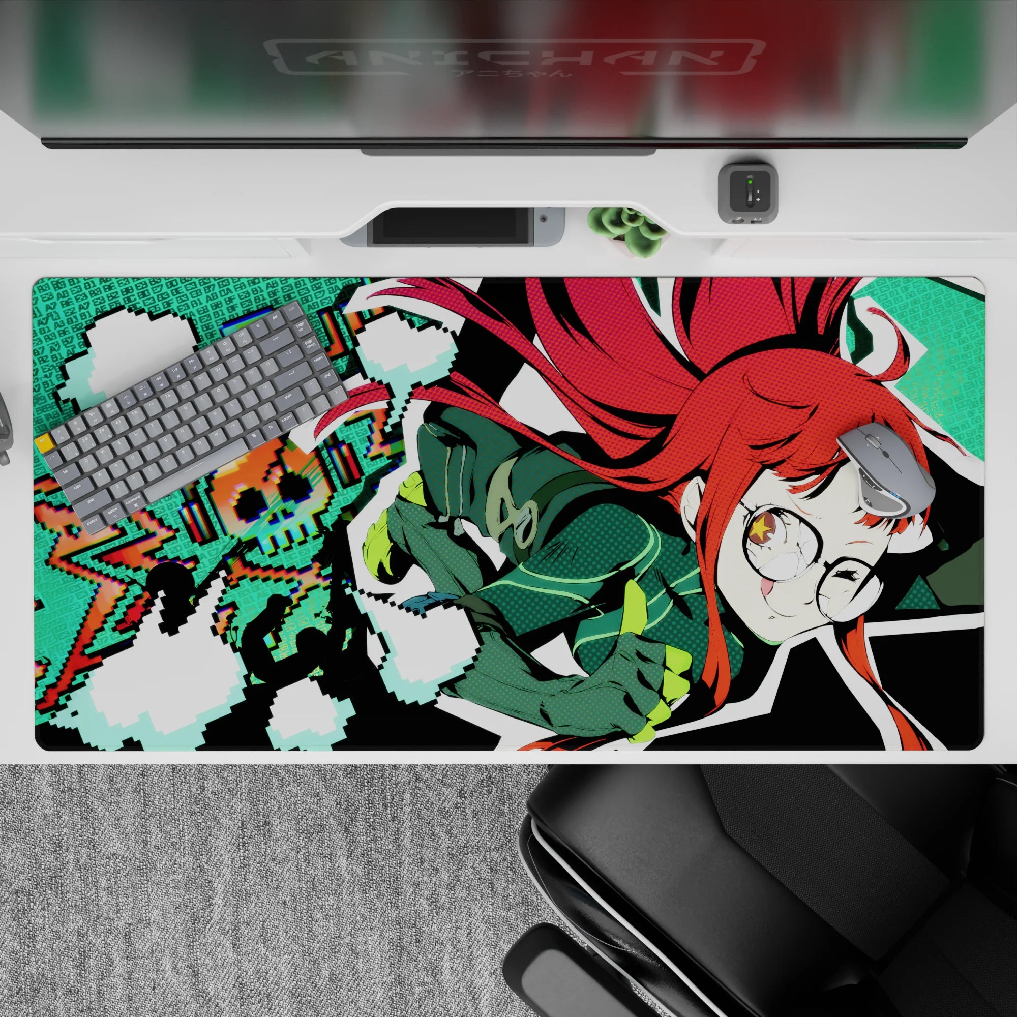 Neon teal pixel vibe desk pad, playful nerdy mood with red hair pop, 40x20 inches.