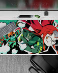 Neon teal pixel vibe desk pad, playful nerdy mood with red hair pop, 40x20 inches.