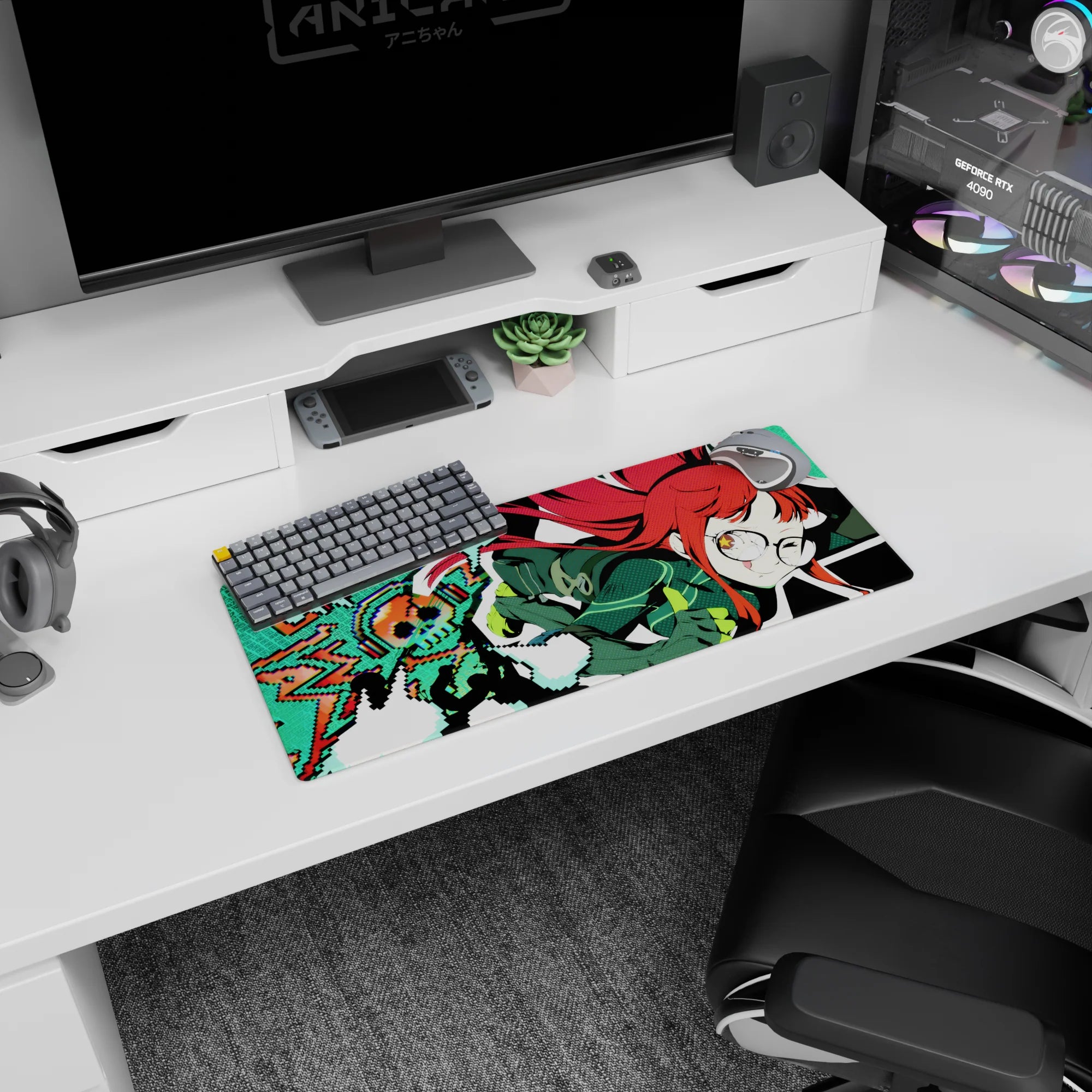 Futaba Sakura Persona 5 anime girl mouse pad 28x12 inches, mid-pounce grin on a retro pixel backdrop.