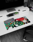 Futaba Sakura Persona 5 anime girl mouse pad 28x12 inches, mid-pounce grin on a retro pixel backdrop.