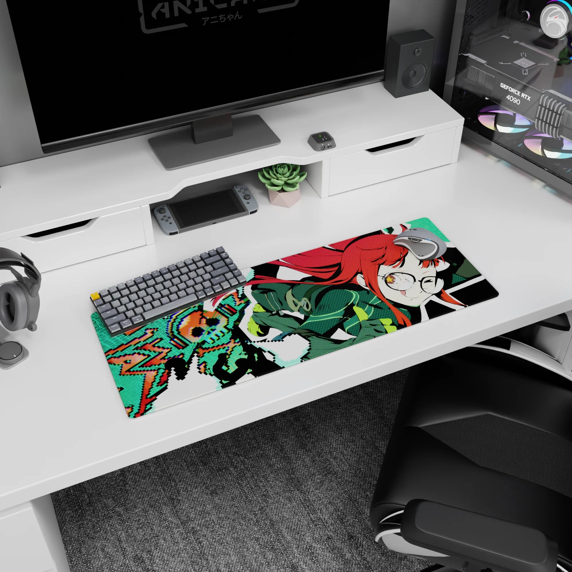 32x12 inches Futaba Sakura Persona 5 mouse pad, mid-pounce grin, starry eye on a pixel LOADING scene.