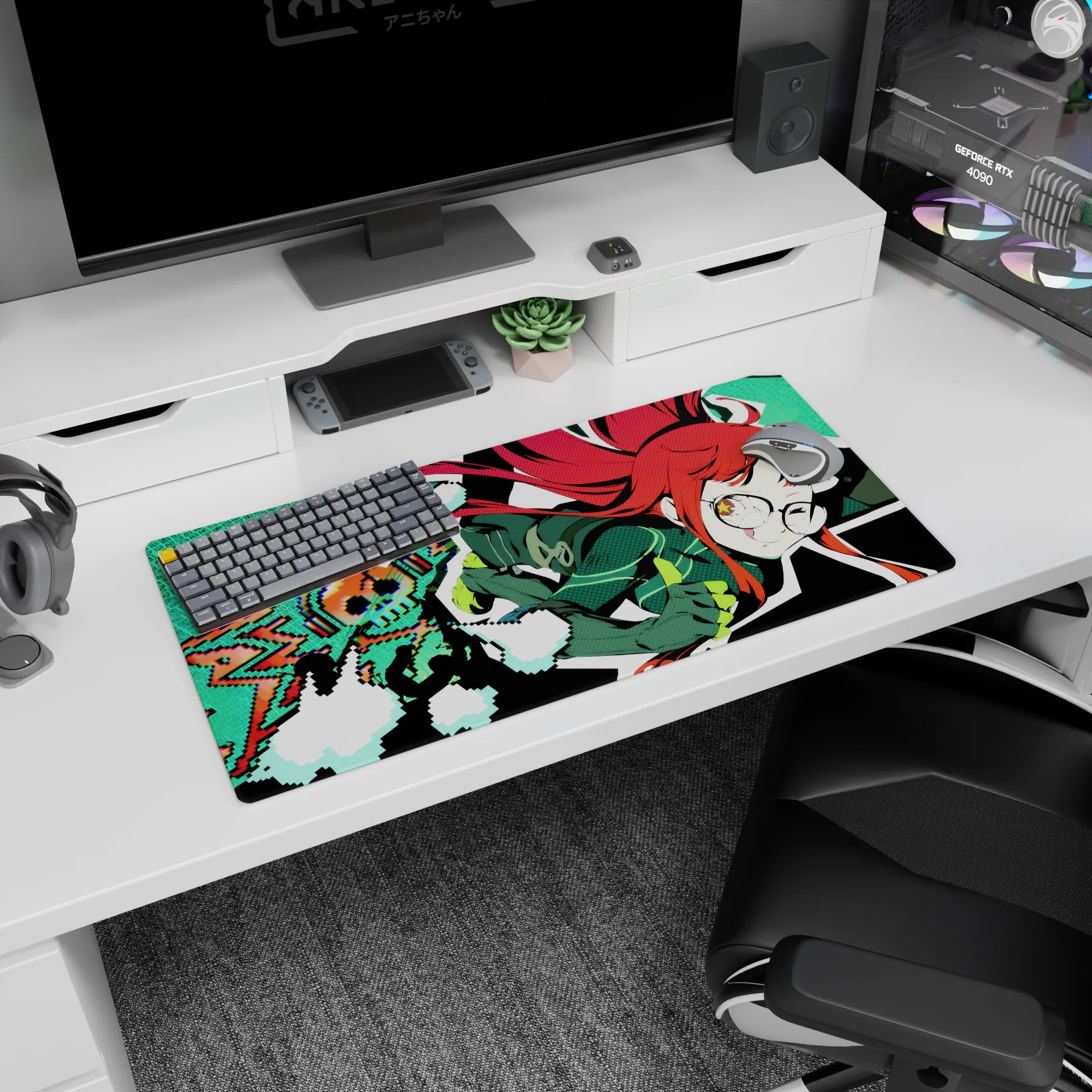 Futaba Sakura from Persona 5 mid-pounce, grinning on anime girl mouse pad 32x16 inches.