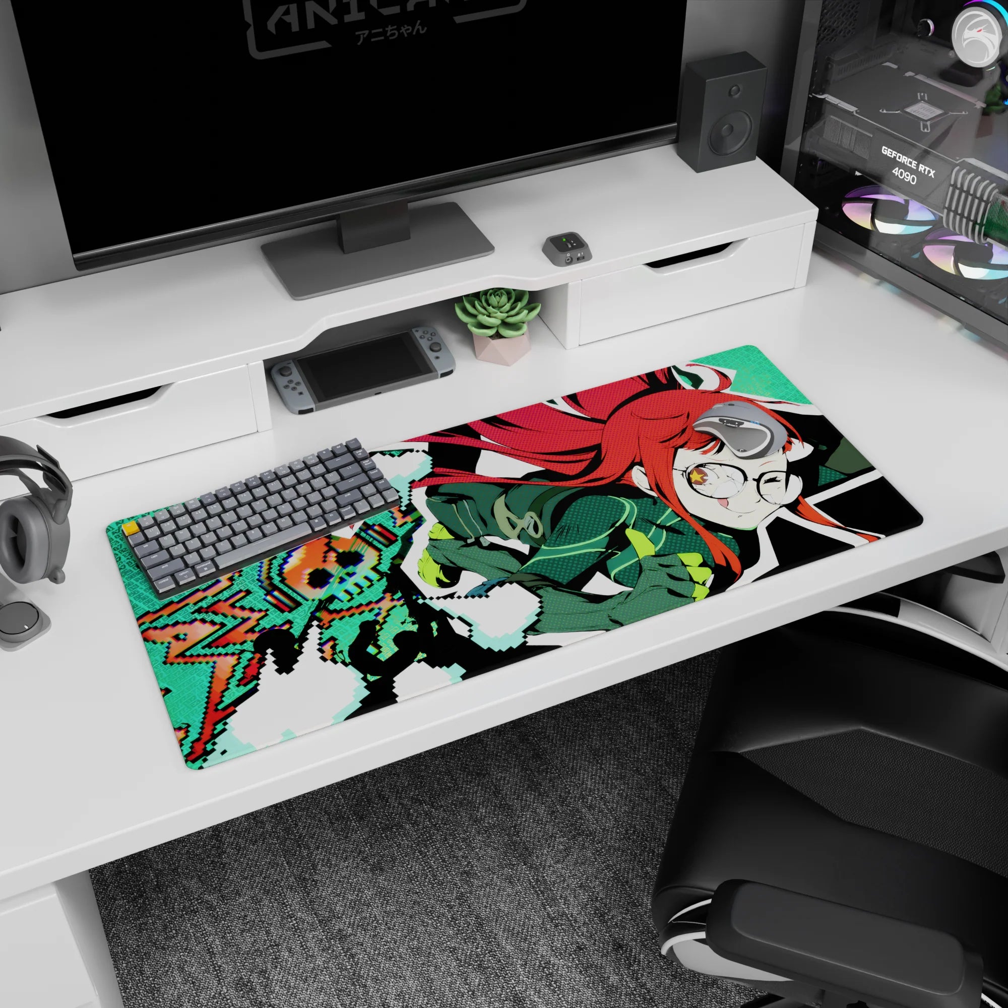 36x16 inches anime desk pad showing Futaba Sakura mid-pounce, grinning, with starry eye and pixel art.