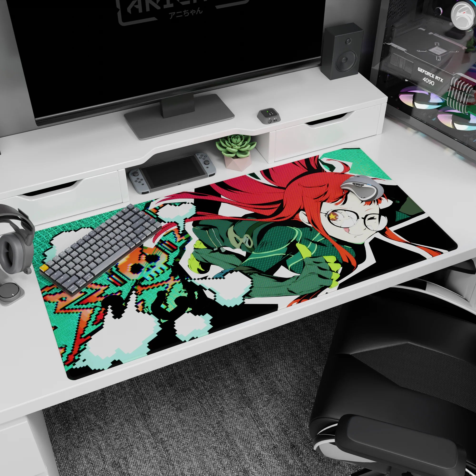 Futaba Sakura from Persona 5 mid-pounce and grinning on oversized desk pad, 40x20 inches.