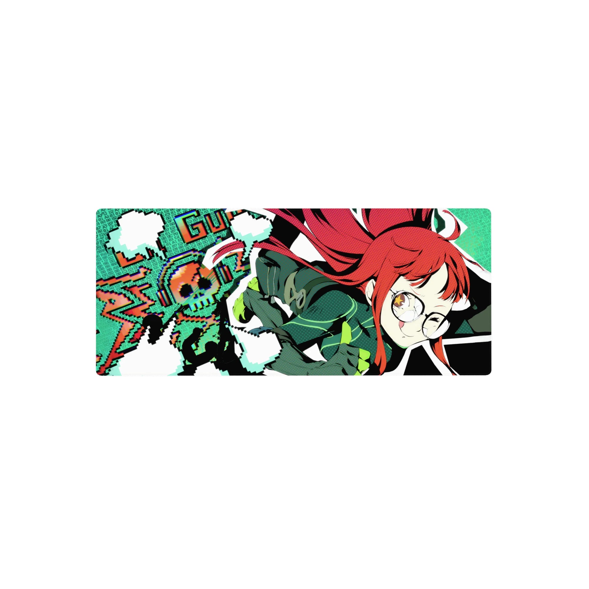 Retro pixel anime girl mouse pad 28x12 inches with LOADING background, neon teal sprites, cute gamer style.