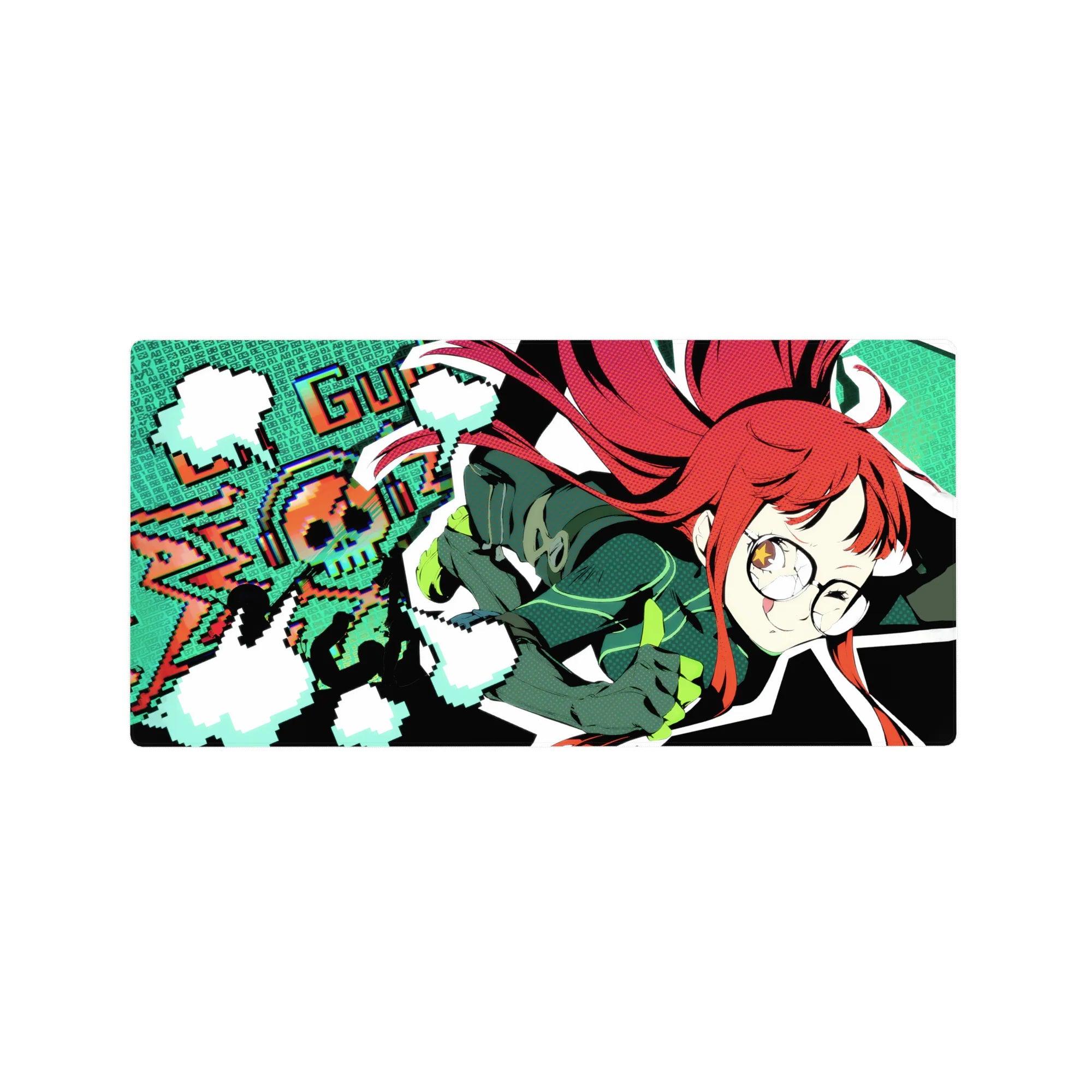 Retro pixel art anime girl mouse pad 32x16 inches with LOADING background and neon teal accents.