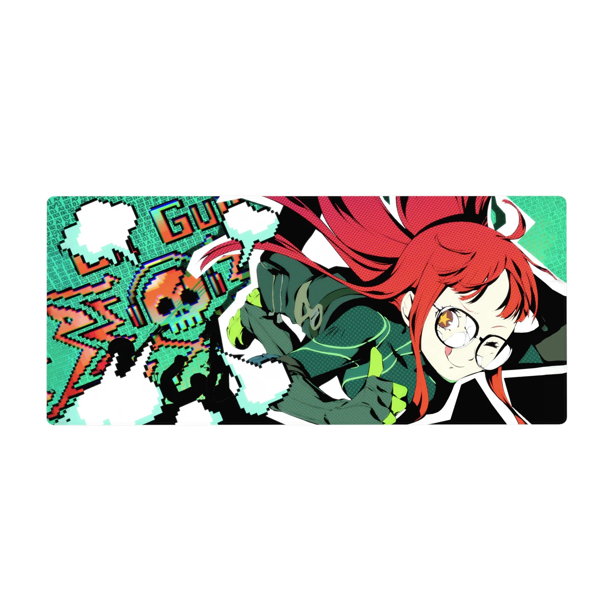 36x16 inches anime girl desk pad with Futaba Sakura, retro pixel background and LOADING gaming vibe.