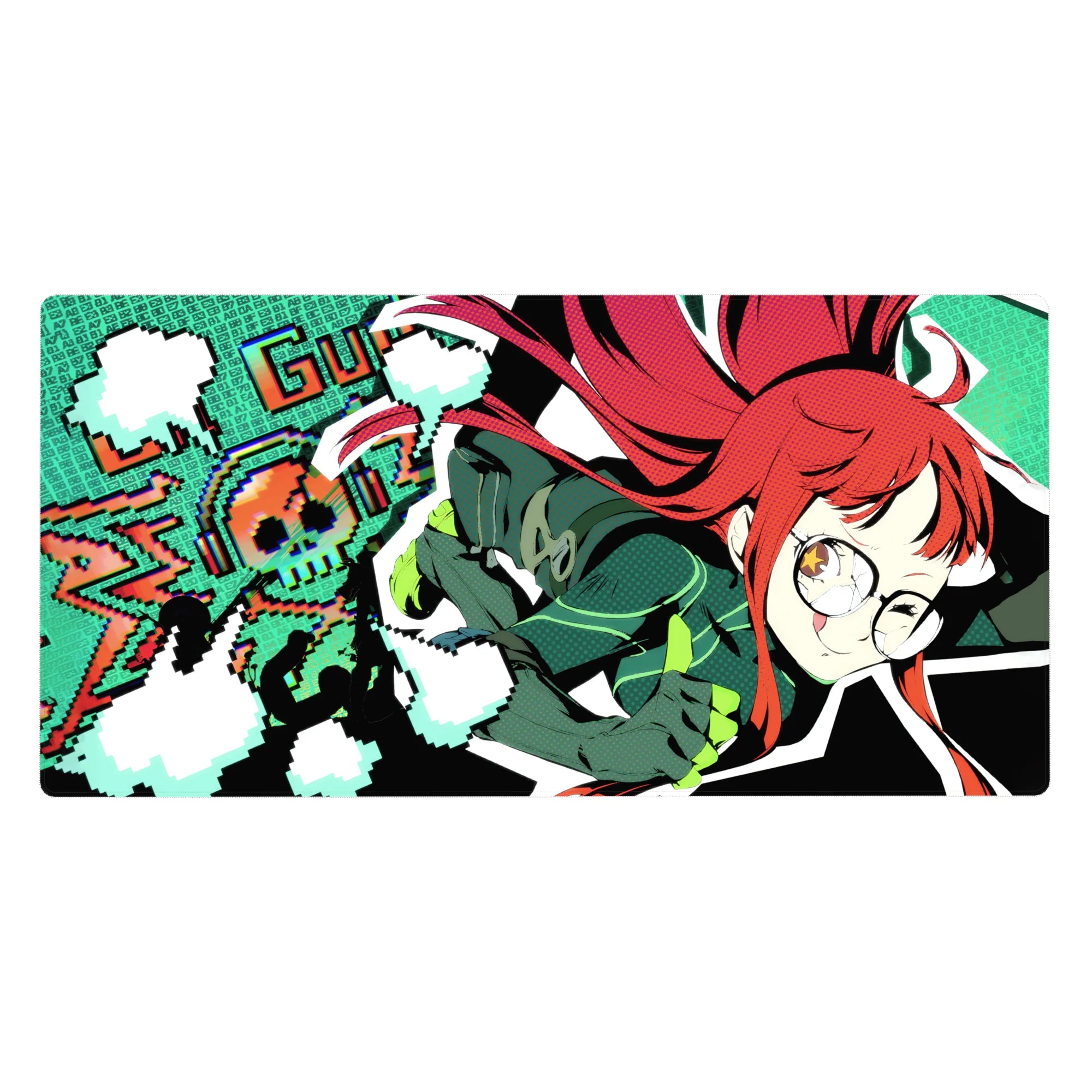 Retro pixel anime girl desk pad with LOADING background, smooth tracking, 40x20 inches.