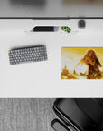 Sunset gold romantic anime mouse pad 14x10 inches with soft light feathers and calm epic fantasy mood.