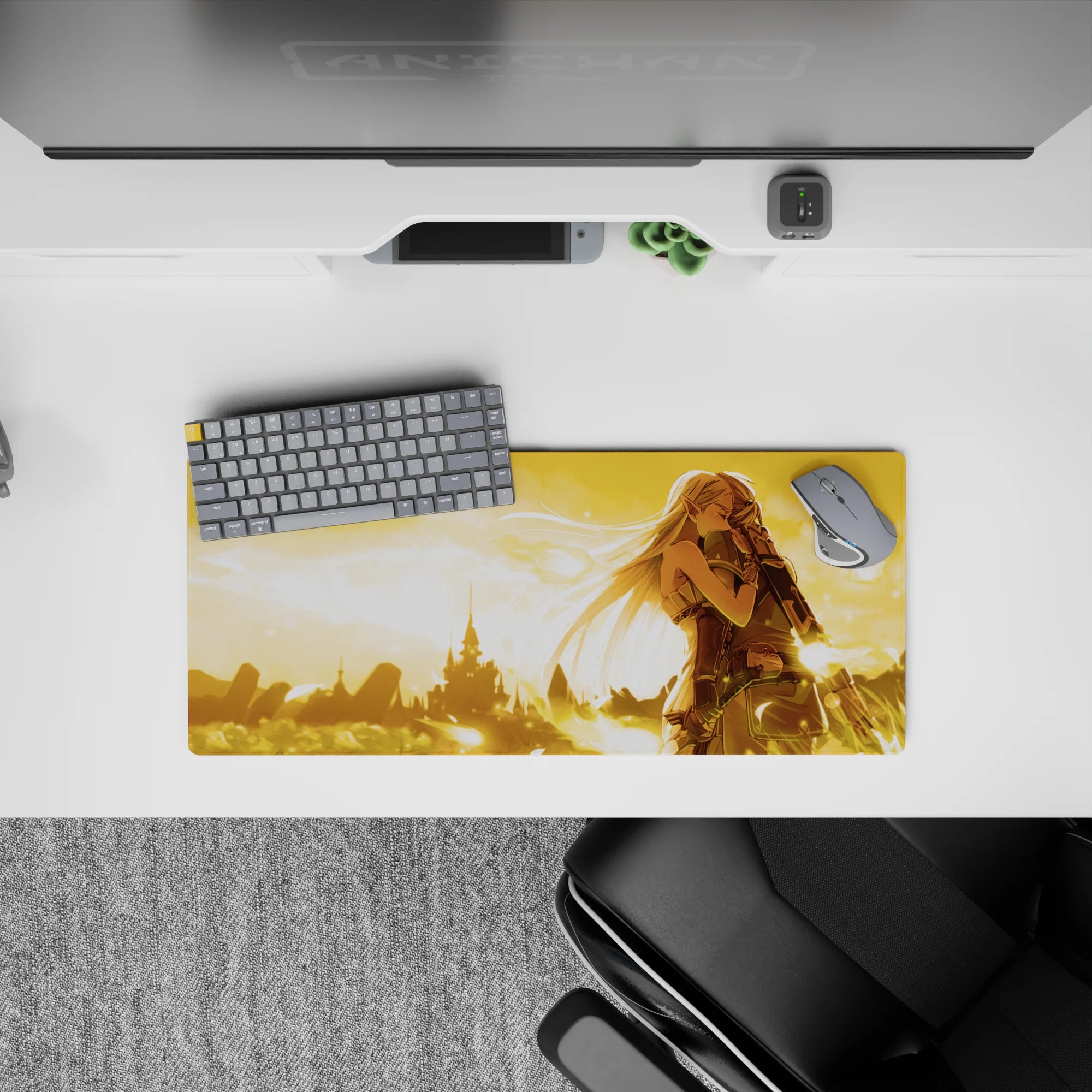 28x12 inches anime mouse pad in warm sunset gold, soft romantic mood with drifting light feathers.
