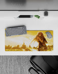 28x12 inches anime mouse pad in warm sunset gold, soft romantic mood with drifting light feathers.