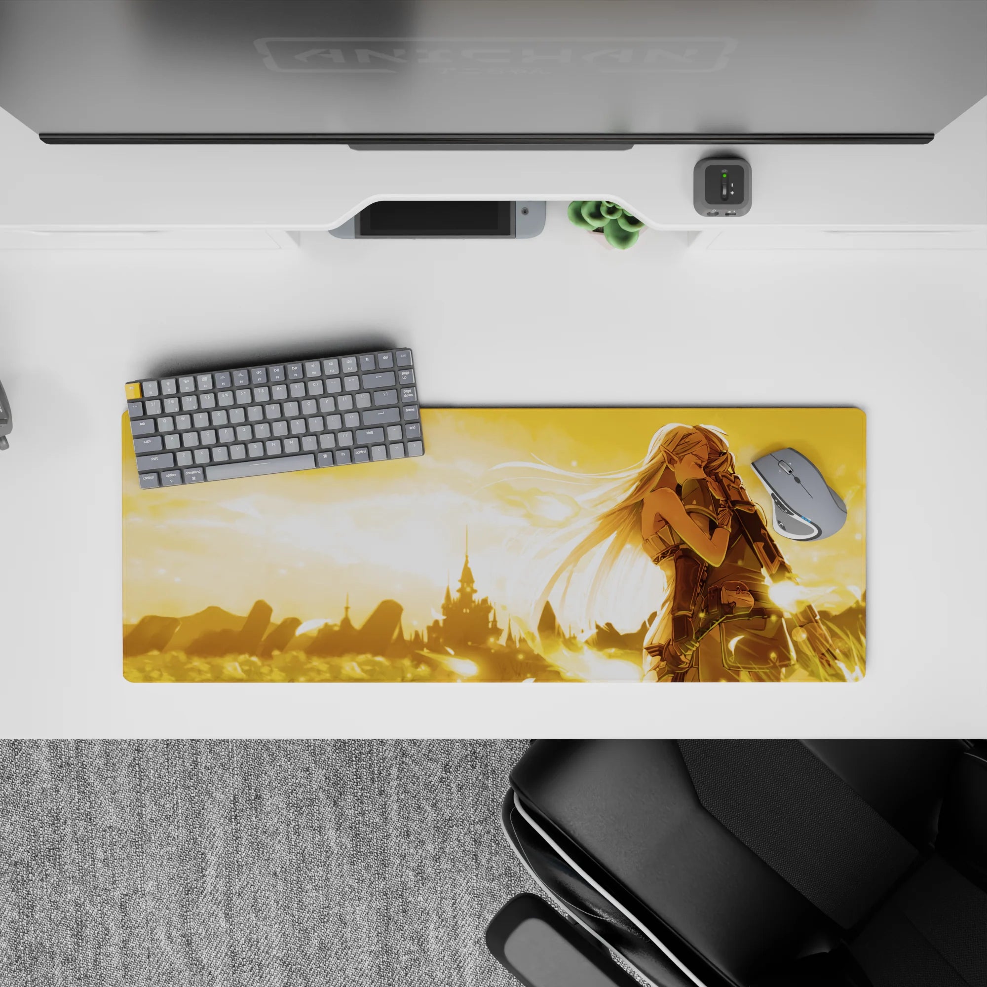 32x12 inches anime mouse pad in warm sunset gold, soft romantic mood, drifting light feathers, epic calm.