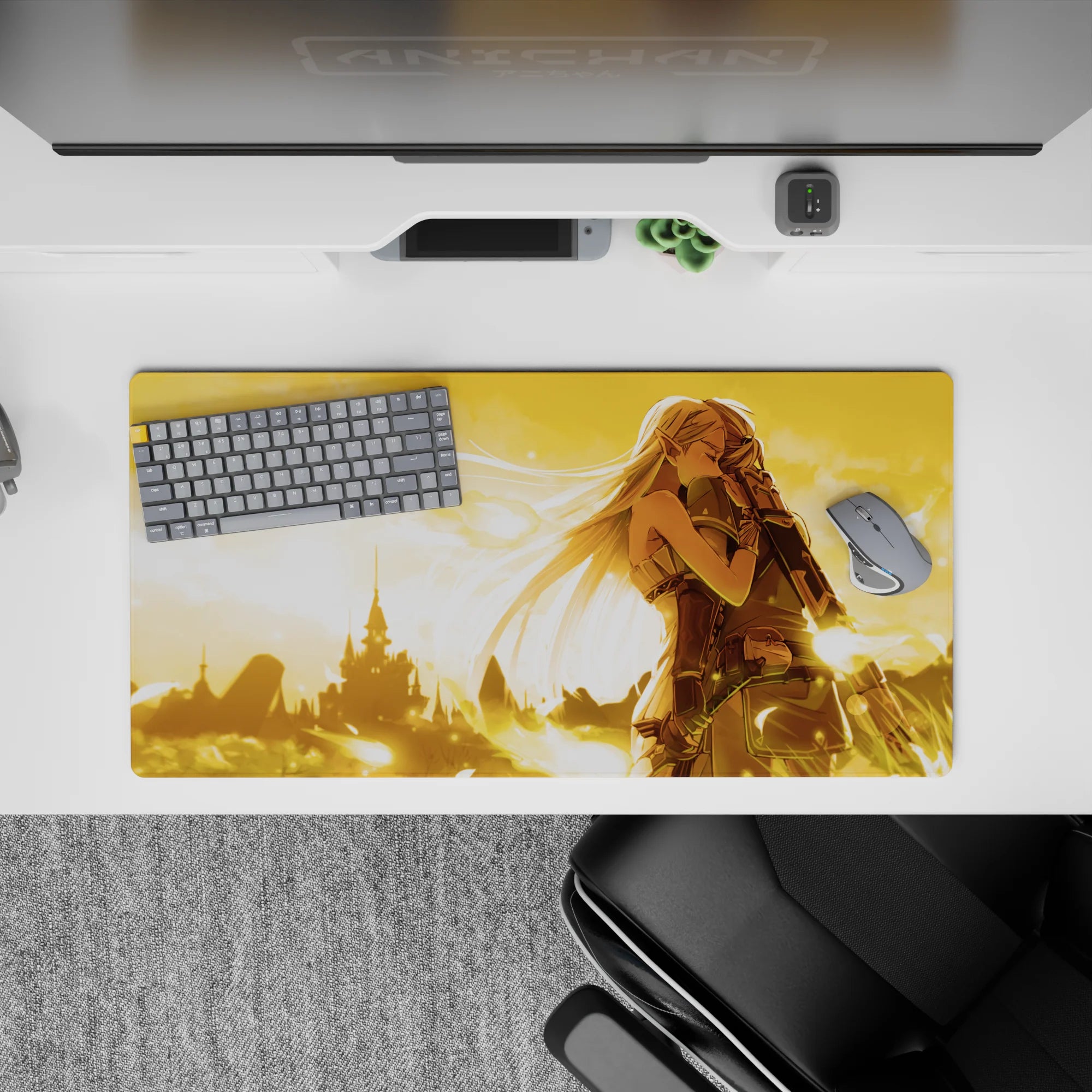32x16 inches anime mouse pad in warm sunset gold, soft romantic fantasy mood with glowing feathers.