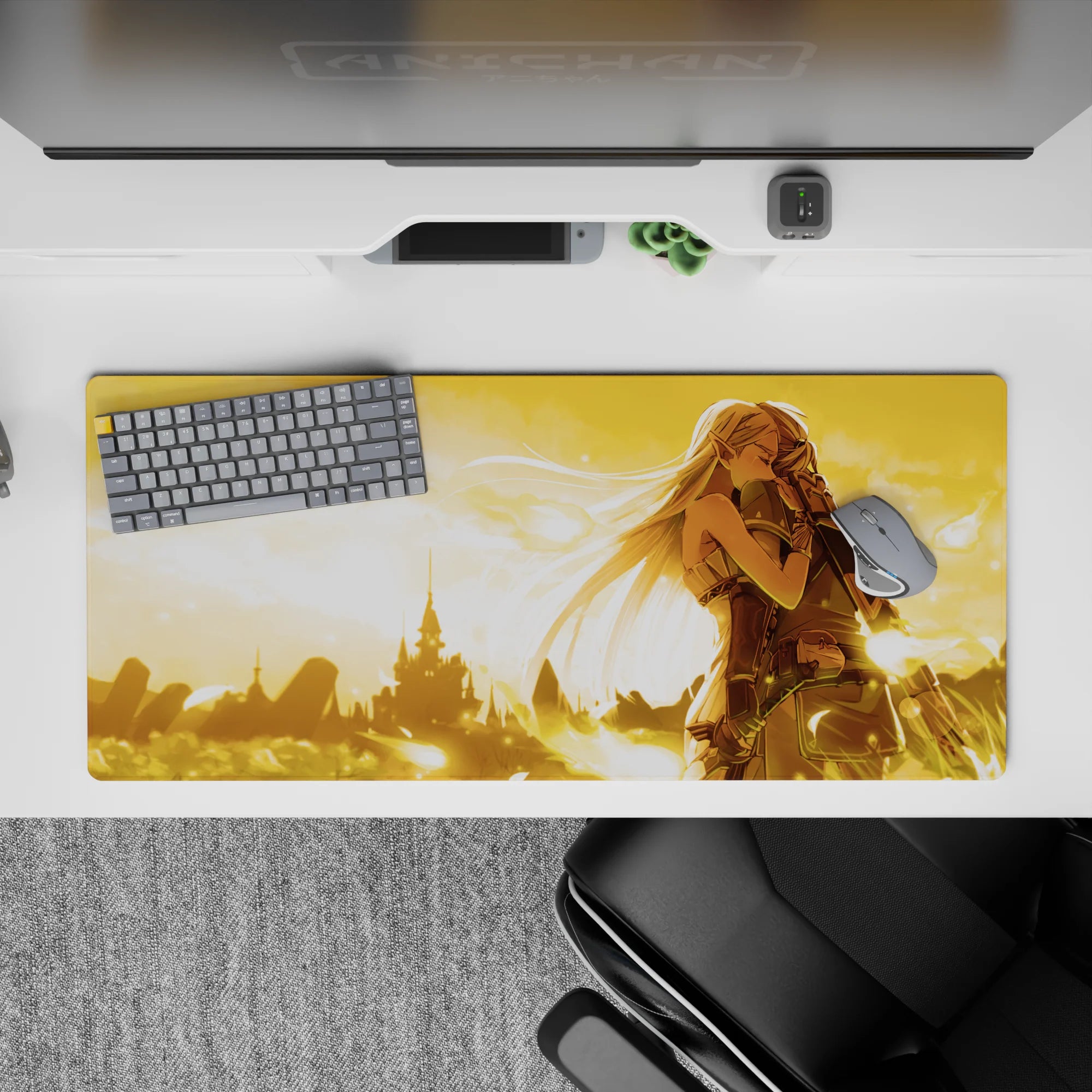 Sunset gold 36x16 inches anime desk pad, soft romantic fantasy mood with drifting light feathers.