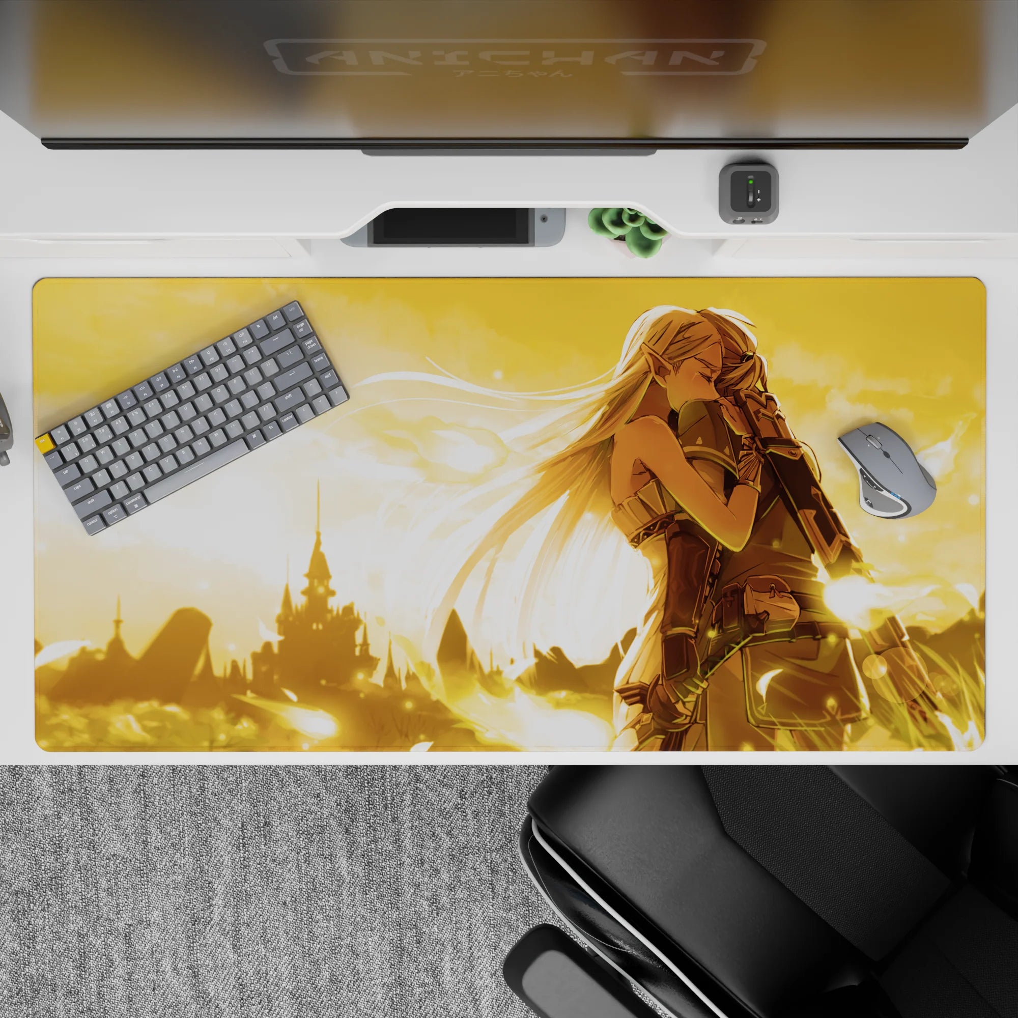 Sunset gold anime desk pad 40x20 inches, warm romantic fantasy mood with soft glow and quiet epic sky.