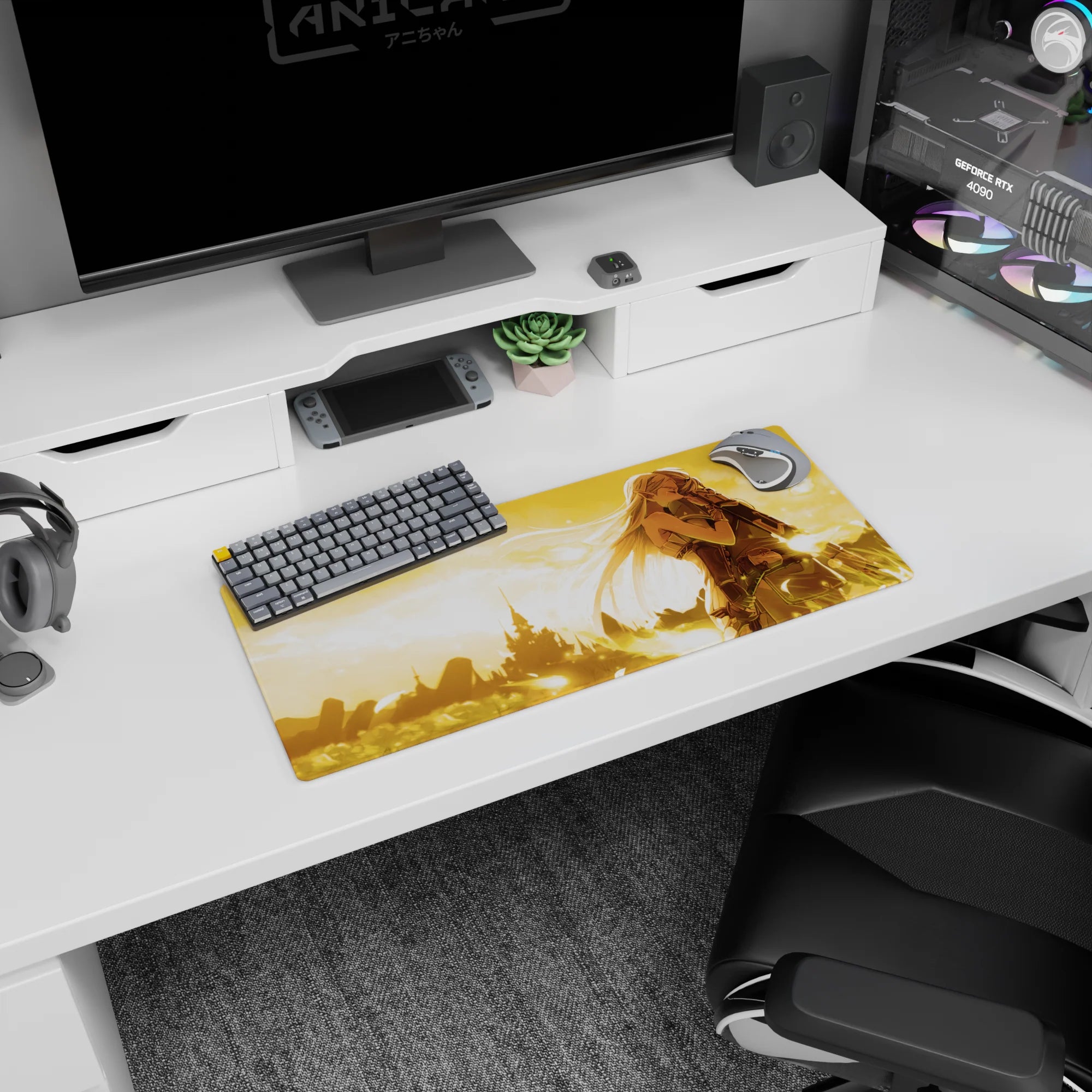 28x12 inches anime mouse pad showing long white haired elf hugging a battle worn soldier, eyes closed.