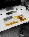 28x12 inches anime mouse pad showing long white haired elf hugging a battle worn soldier, eyes closed.